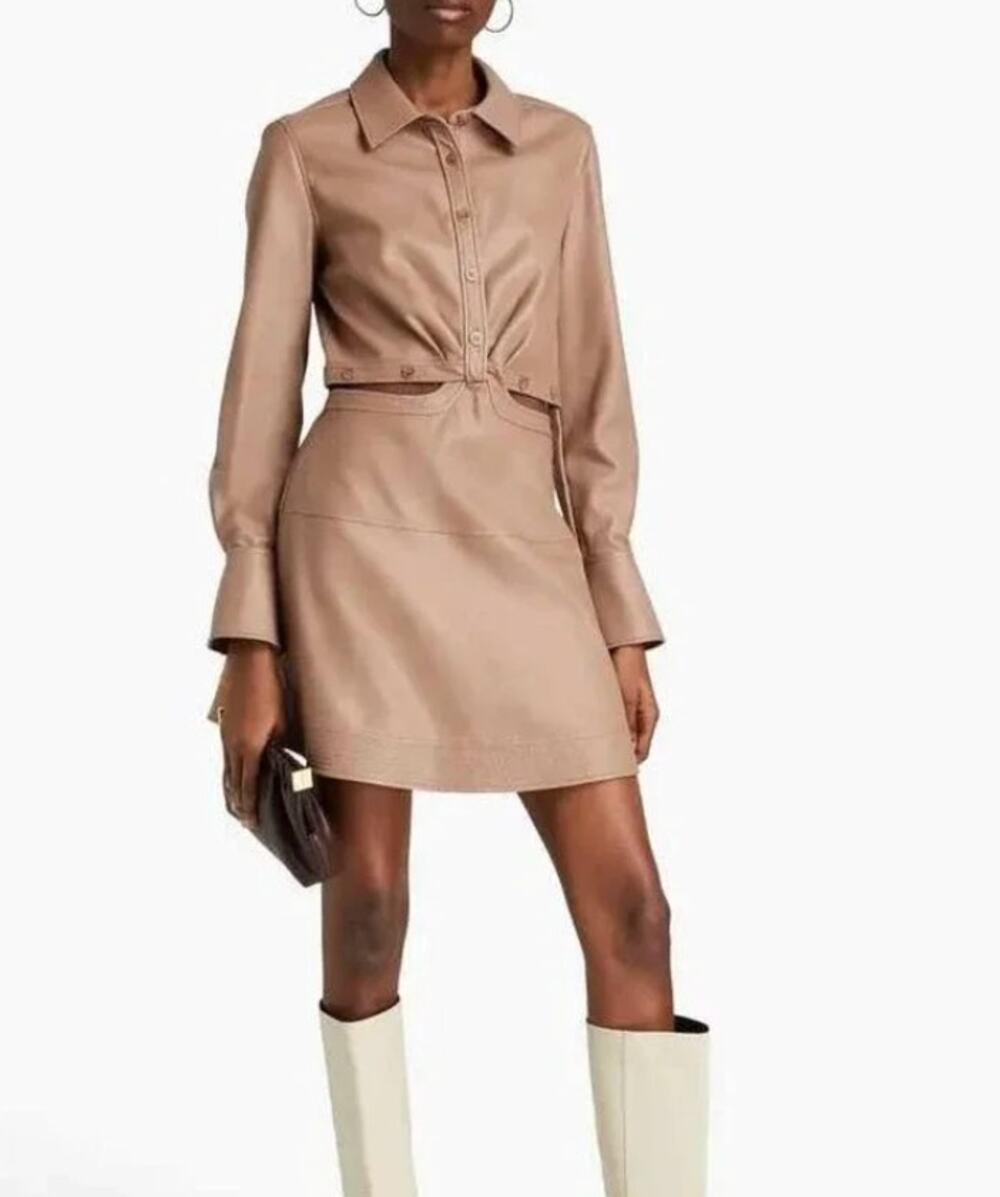 NWT Simkhai Women's Elias Cutout Mini Shirt Dress Thorn Tan Faux Leather Size 4
